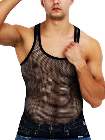 قميص رجالي شبكي بدون أكمام من Tchumum، قميص شبكي شبكي، قميص داخلي شفاف بدون أكمام للعضلات، صدرية للتمرين، ملابس نادي مجوفة مثيرة in Kuwait
