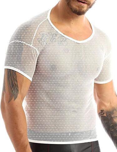 Men's See Through Shirts Fishnet Mesh Fitted Short Sleeve T-Shirts for Muscle Tops Clubwear in Kuwait