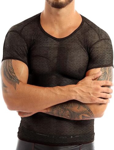 Men's See Through Shirts Fishnet Mesh Fitted Short Sleeve T-Shirts for Muscle Tops Clubwear in Saudi Arabia