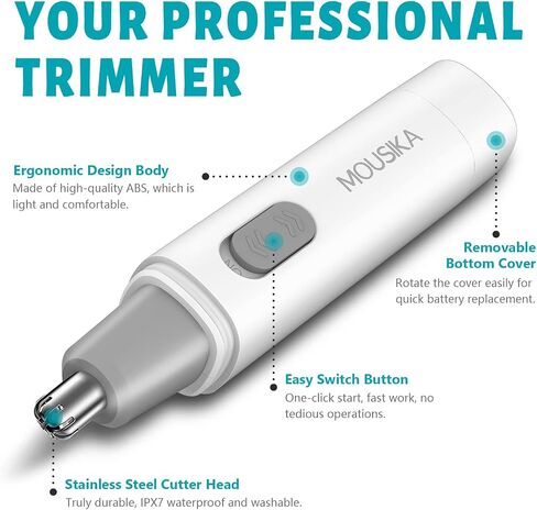 MOUSIKA Ear Nose Hair Trimmer Clipper Painless Eyebrow Facial Hair Removal for Men and Women Waterproof Dual Edge Blades Battery Operated Electric Groomer (White) in Saudi Arabia