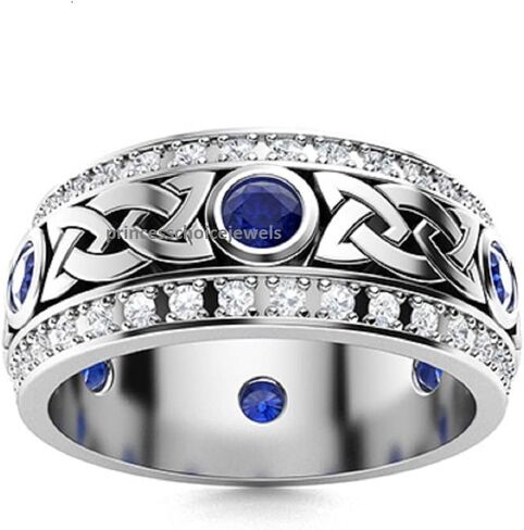 PB Collection Solid 925 Sterling Silver Men's Celtic Knot Wedding Band Ring with Created Blue Sapphire in Saudi Arabia