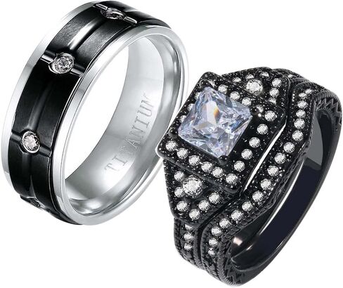 ringheart 2 Rings His and Hers Rings Black Plated Couple Rings Princess cut 6mm Green Cz Womens Wedding Ring Sets Titanium Steel Mens Wedding Bands in Saudi Arabia