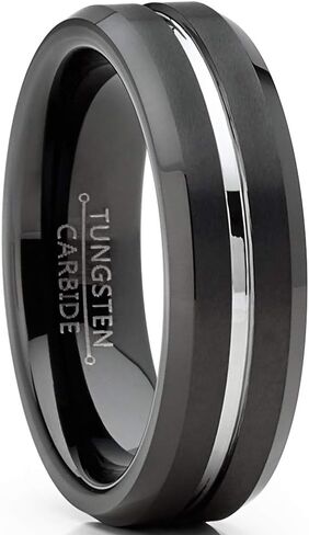 Metal Masters Co. Men's Tungsten Wedding Band Black Ring Silver Two-Tone Grooved Center 6MM Sizes 5-13 in Saudi Arabia