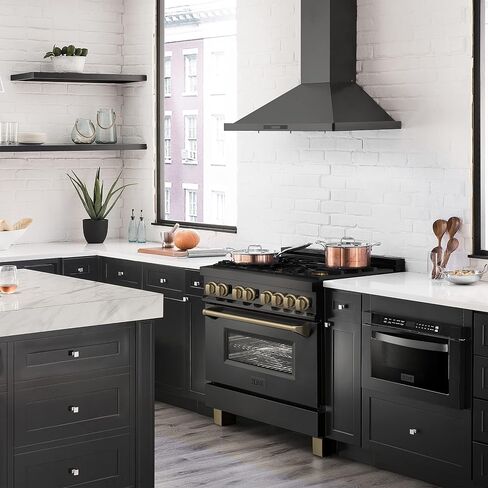 ZLINE Autograph Edition 36" 4.6 cu. ft. Dual Fuel Range with Gas Stove and Electric Oven in Black Stainless Steel with Champagne Bronze Accents (RABZ-36-CB) in Saudi Arabia