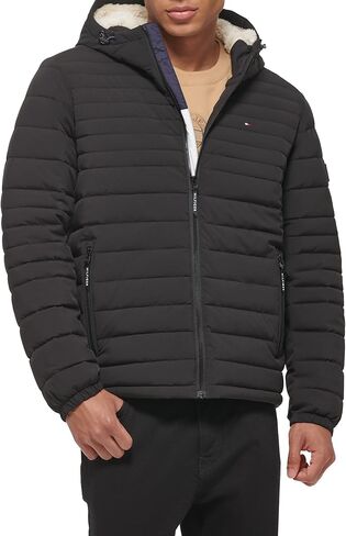 Tommy Hilfiger Men's Stretch Poly Hooded Packable Jacket with Sherpa Lining, Black, X-Large in Saudi Arabia