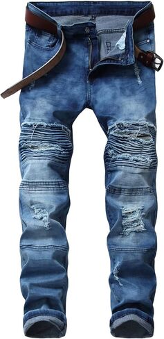 Men's Destroyed Ripped Stretch Jeans Distressed Multi Pockets Biker Denim Pants Slim Zipper Moto Jean Trousers in Kuwait