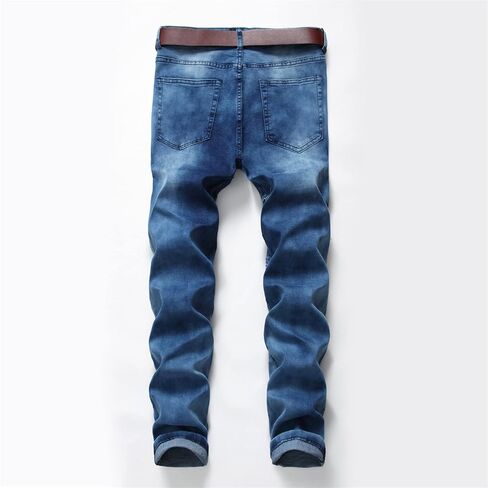 Men's Destroyed Ripped Stretch Jeans Distressed Multi Pockets Biker Denim Pants Slim Zipper Moto Jean Trousers in Kuwait