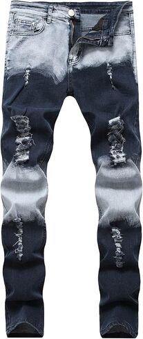 Men's Destroyed Ripped Stretch Jeans Distressed Multi Pockets Biker Denim Pants Slim Zipper Moto Jean Trousers in Kuwait