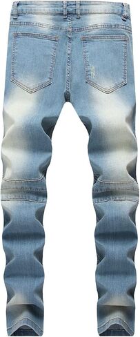 Men's Destroyed Ripped Stretch Jeans Distressed Multi Pockets Biker Denim Pants Slim Zipper Moto Jean Trousers in Kuwait