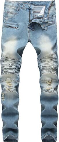 Men's Destroyed Ripped Stretch Jeans Distressed Multi Pockets Biker Denim Pants Slim Zipper Moto Jean Trousers in Kuwait