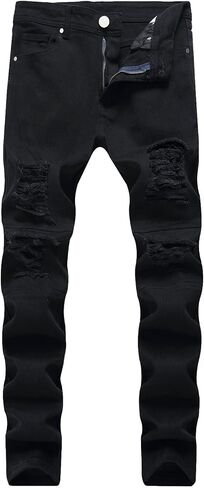 Men's Destroyed Ripped Stretch Jeans Distressed Multi Pockets Biker Denim Pants Slim Zipper Moto Jean Trousers in Kuwait