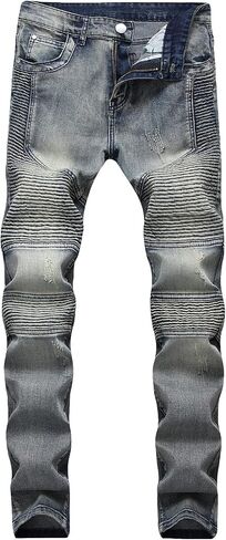 Men's Destroyed Ripped Stretch Jeans Distressed Multi Pockets Biker Denim Pants Slim Zipper Moto Jean Trousers in Kuwait