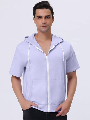 Lars Amadeus Men's Hoodies Solid Color Zip Up Short Sleeve Jackets with Hood in Kuwait