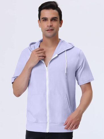 Lars Amadeus Men's Hoodies Solid Color Zip Up Short Sleeve Jackets with Hood in Kuwait
