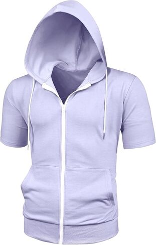 Lars Amadeus Men's Hoodies Solid Color Zip Up Short Sleeve Jackets with Hood in Kuwait
