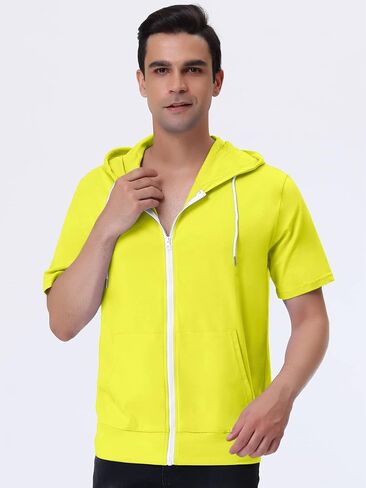 Lars Amadeus Men's Hoodies Solid Color Zip Up Short Sleeve Jackets with Hood in Kuwait