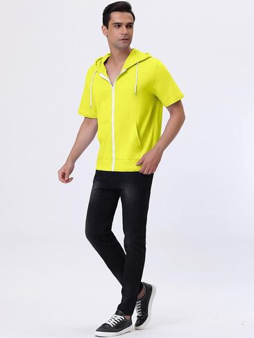 Lars Amadeus Men's Hoodies Solid Color Zip Up Short Sleeve Jackets with Hood in Kuwait