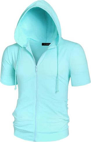 Lars Amadeus Men's Hoodies Solid Color Zip Up Short Sleeve Jackets with Hood in Kuwait
