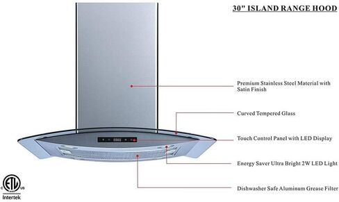 Winflo 30 In. Convertible Stainless Steel Glass Island Range Hood with Mesh Filter, 2 pcs Charcoal Filters and Touch Sensor Control in Saudi Arabia