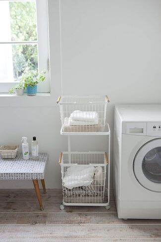 Yamazaki Home Laundry Basket Wagon-Large Storage Hamper Organizer | Steel + Wood | Short | Rolling Carts, White in Saudi Arabia