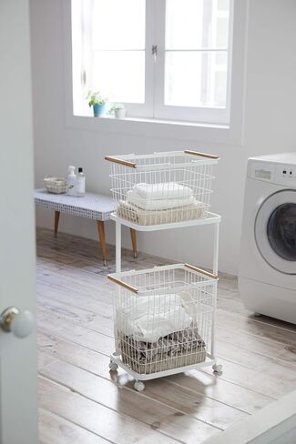 Yamazaki Home Laundry Basket Wagon-Large Storage Hamper Organizer | Steel + Wood | Short | Rolling Carts, White in Saudi Arabia