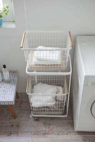 Yamazaki Home Laundry Basket Wagon-Large Storage Hamper Organizer | Steel + Wood | Short | Rolling Carts, White in Saudi Arabia