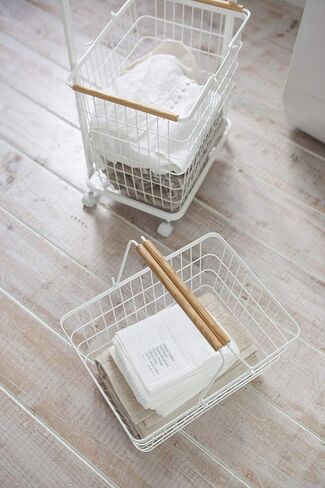 Yamazaki Home Laundry Basket Wagon-Large Storage Hamper Organizer | Steel + Wood | Short | Rolling Carts, White in Saudi Arabia