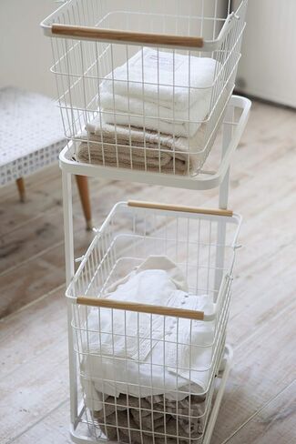 Yamazaki Home Laundry Basket Wagon-Large Storage Hamper Organizer | Steel + Wood | Short | Rolling Carts, White in Saudi Arabia