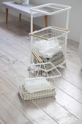 Yamazaki Home Laundry Basket Wagon-Large Storage Hamper Organizer | Steel + Wood | Short | Rolling Carts, White in Saudi Arabia
