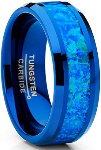 Metal Masters Co. Men's Blue Green Crushed Simulated Opal Tungsten Wedding Band Ring Comfort Fit 8MM in Saudi Arabia