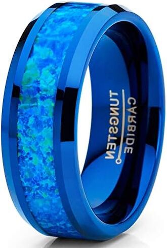 Metal Masters Co. Men's Blue Green Crushed Simulated Opal Tungsten Wedding Band Ring Comfort Fit 8MM in Saudi Arabia