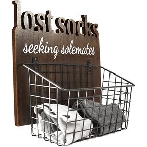 Cutout Letters Lost Socks - Laundry Room Organization, Farmhouse Laundry Room Decor and Accessories - House Decor Rustic Wooden Laundry Sign Wall Decor with Attached Basket - Black