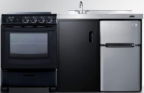Summit Appliance ACK63ELSTB 64" Wide All-in-one Kitchenette with 4-Burner 220V Smooth-top Electric Range, Refrigerator-Freezer Sink, Cutting Board and Cutlery Storage, and Storage Cabinet in Saudi Arabia
