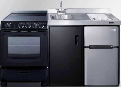 Summit Appliance ACK63ELSTB 64" Wide All-in-one Kitchenette with 4-Burner 220V Smooth-top Electric Range, Refrigerator-Freezer Sink, Cutting Board and Cutlery Storage, and Storage Cabinet in Saudi Arabia