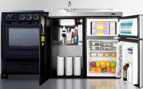 Summit Appliance ACK63ELSTB 64" Wide All-in-one Kitchenette with 4-Burner 220V Smooth-top Electric Range, Refrigerator-Freezer Sink, Cutting Board and Cutlery Storage, and Storage Cabinet in Saudi Arabia