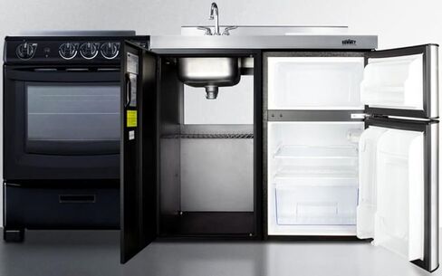 Summit Appliance ACK63ELSTB 64" Wide All-in-one Kitchenette with 4-Burner 220V Smooth-top Electric Range, Refrigerator-Freezer Sink, Cutting Board and Cutlery Storage, and Storage Cabinet in Saudi Arabia