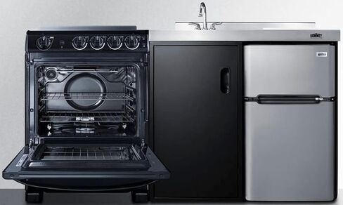Summit Appliance ACK63ELSTB 64" Wide All-in-one Kitchenette with 4-Burner 220V Smooth-top Electric Range, Refrigerator-Freezer Sink, Cutting Board and Cutlery Storage, and Storage Cabinet in Saudi Arabia