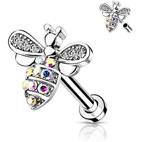 Amelia Fashion 16 Micro CZ Paved Bee with AB Crystals Internally Threaded 316L Surgical Steel for Labret, Monroe, Cartilage, and More in Saudi Arabia
