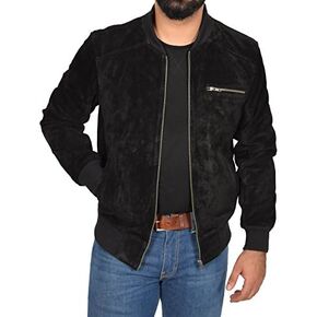 Mens Real BLACK Suede Bomber Leather Jacket Varsity Baseball Casual Coat - Roco in Kuwait