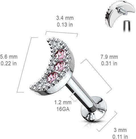 Covet Jewelry CZ Paved Crescent Top 316L Surgical Steel Internally Threaded Labret, Monroe, Cartilage Studs in Saudi Arabia
