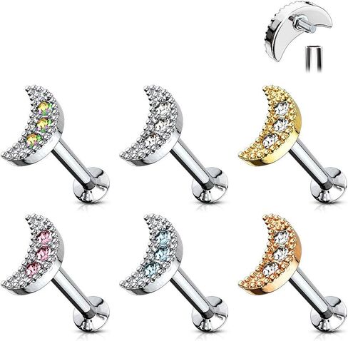 Covet Jewelry CZ Paved Crescent Top 316L Surgical Steel Internally Threaded Labret, Monroe, Cartilage Studs in Saudi Arabia