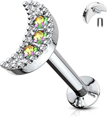 Covet Jewelry CZ Paved Crescent Top 316L Surgical Steel Internally Threaded Labret, Monroe, Cartilage Studs in Saudi Arabia