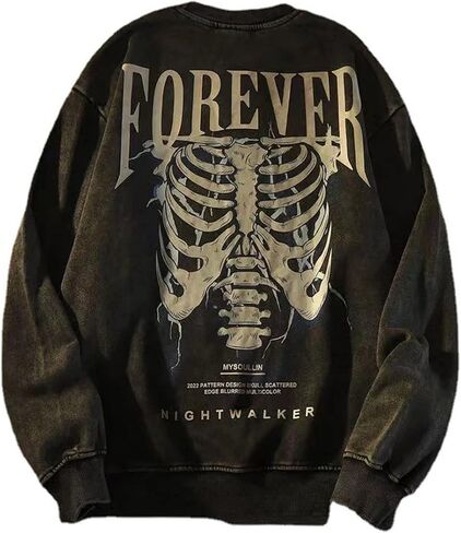 Gothic Top Letter Skeleton Printed Long Sleeve T-Shirt Casual Loose Men's and Women's Tops in Kuwait