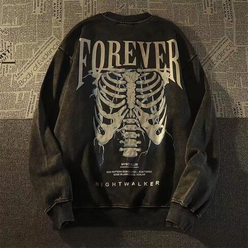 Gothic Top Letter Skeleton Printed Long Sleeve T-Shirt Casual Loose Men's and Women's Tops in Kuwait