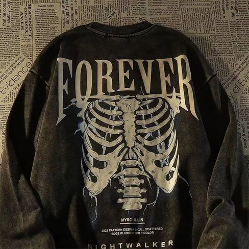 Gothic Top Letter Skeleton Printed Long Sleeve T-Shirt Casual Loose Men's and Women's Tops in Kuwait