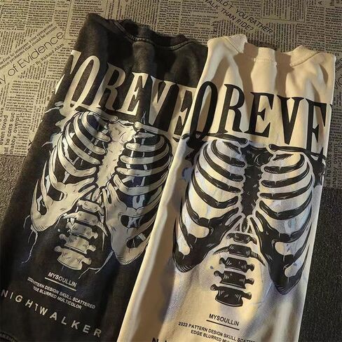 Gothic Top Letter Skeleton Printed Long Sleeve T-Shirt Casual Loose Men's and Women's Tops in Kuwait