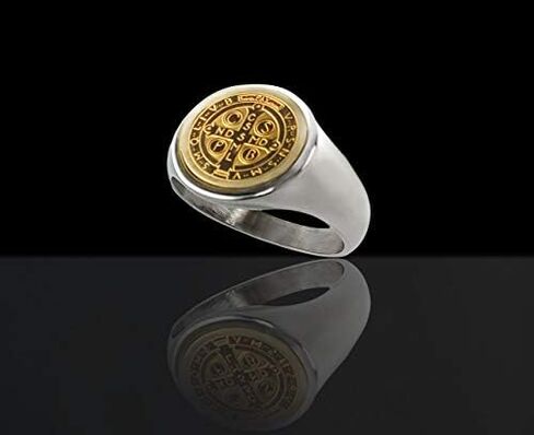 Catholic Unisex Gold Saint Benedict Ring Stainless Steel Catholic St Benedict Ring-St Benedict Holy Prayer Card Included (Gold) in Saudi Arabia