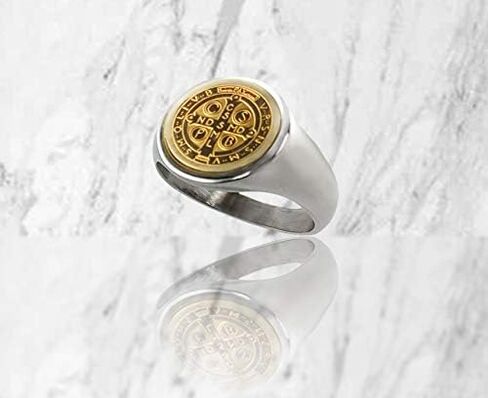 Catholic Unisex Gold Saint Benedict Ring Stainless Steel Catholic St Benedict Ring-St Benedict Holy Prayer Card Included (Gold) in Saudi Arabia