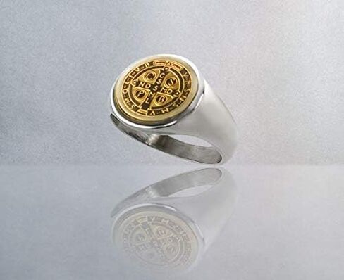 Catholic Unisex Gold Saint Benedict Ring Stainless Steel Catholic St Benedict Ring-St Benedict Holy Prayer Card Included (Gold) in Saudi Arabia