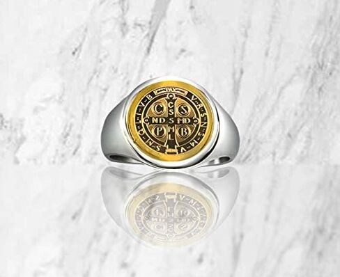 Catholic Unisex Gold Saint Benedict Ring Stainless Steel Catholic St Benedict Ring-St Benedict Holy Prayer Card Included (Gold) in Saudi Arabia